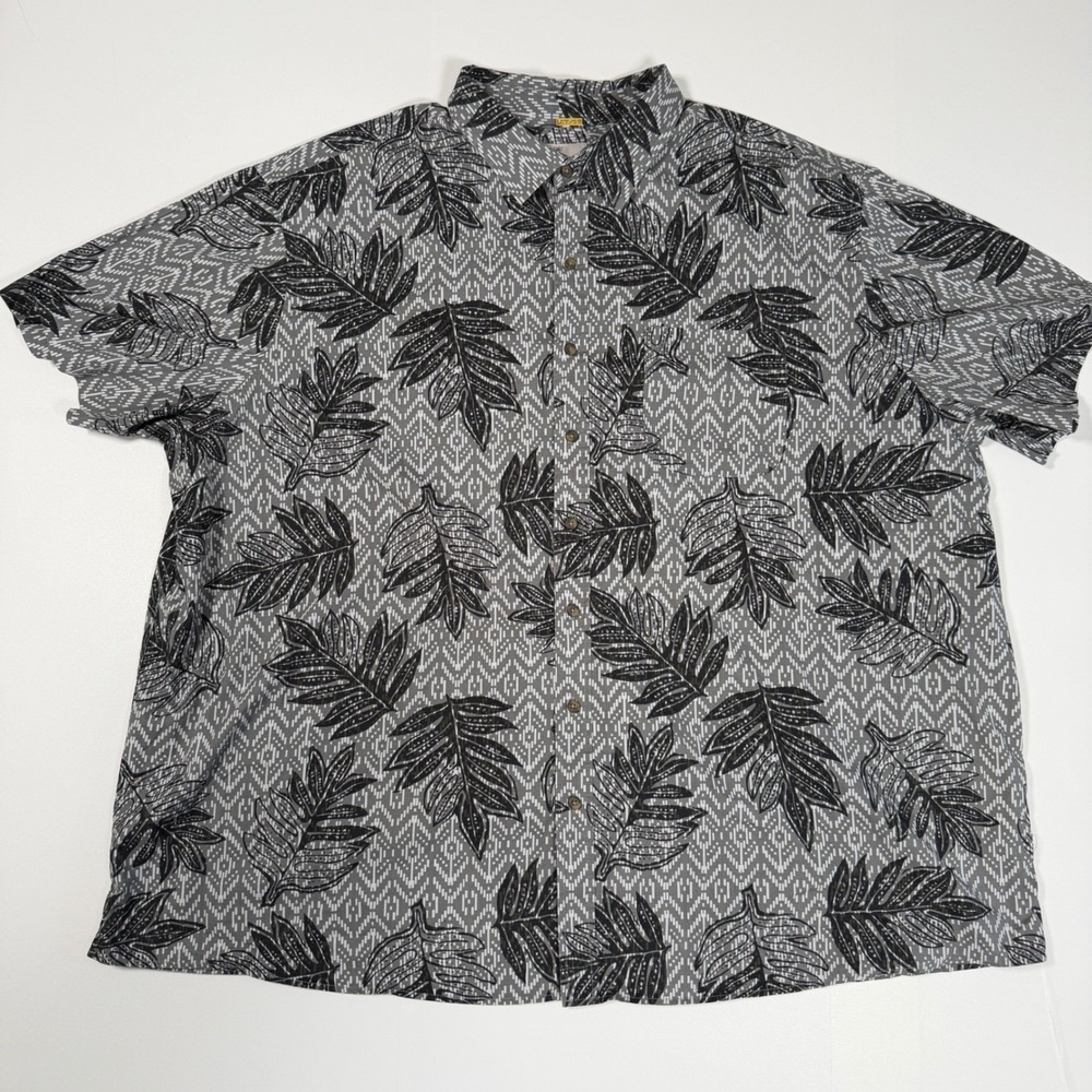Oak Hill Button Down Shirt Mens 3XL Grey Black Tropical Leaf Cotton Big Tall - Picture 2 of 8